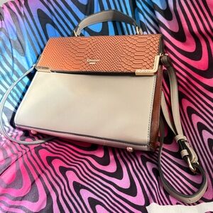 Dune London gray-beige and brown reptile print crossbody handbag